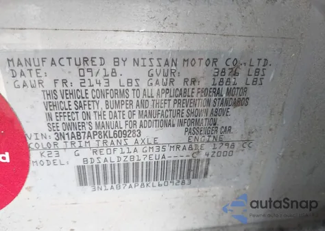 2019 Nissan Sentra S/Sv/Sr/Sl z USA, uszkodzony, nr VIN 3N1AB7AP8KL609283